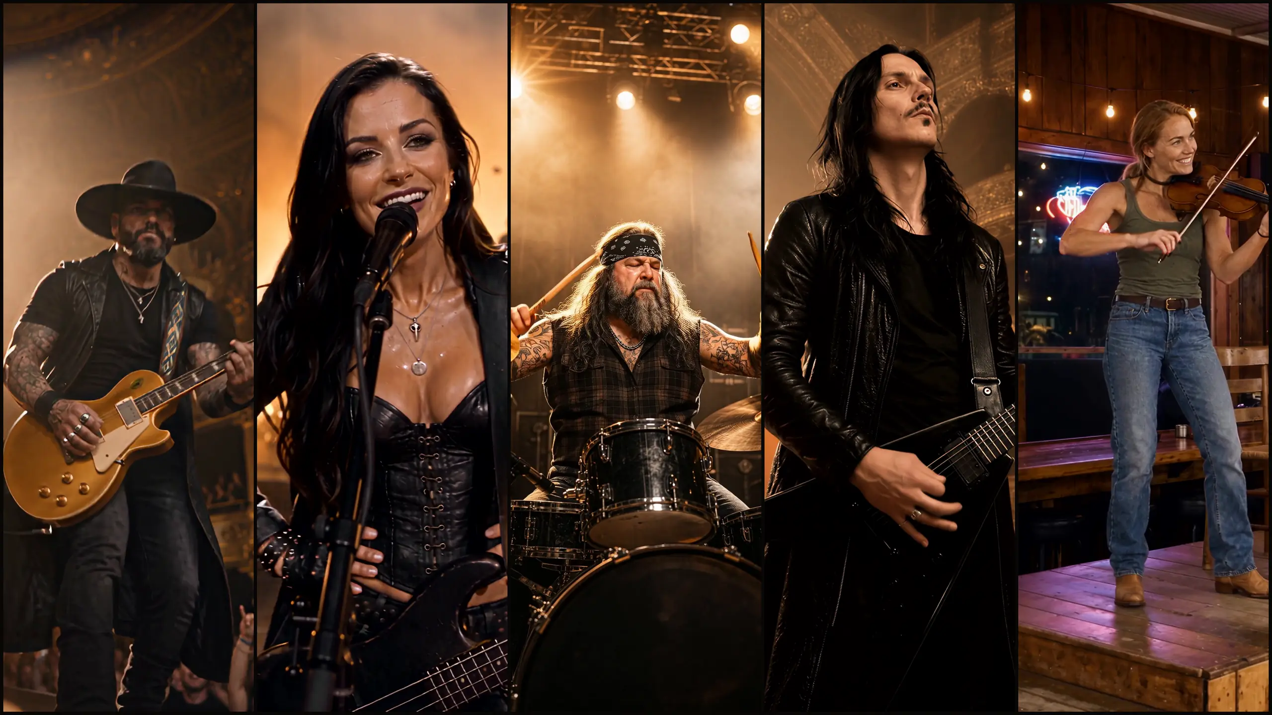 A five-panel collage of the band Alder performing: Alder, the band's frontman, in a wide-brimmed hat playing a gold electric guitar, Jenny singing at a microphone with her bass, Bear on drums under stage lights, Ghost in a long leather coat with a black electric guitar, and Maddison playing fiddle on a small bar stage.